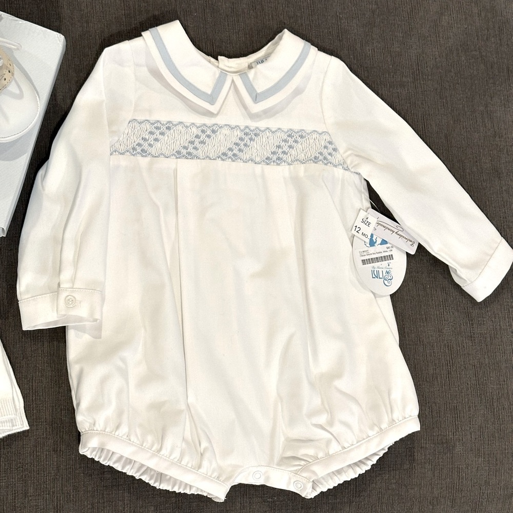 Baby Boy Smocked Bubble Romper White & Blue